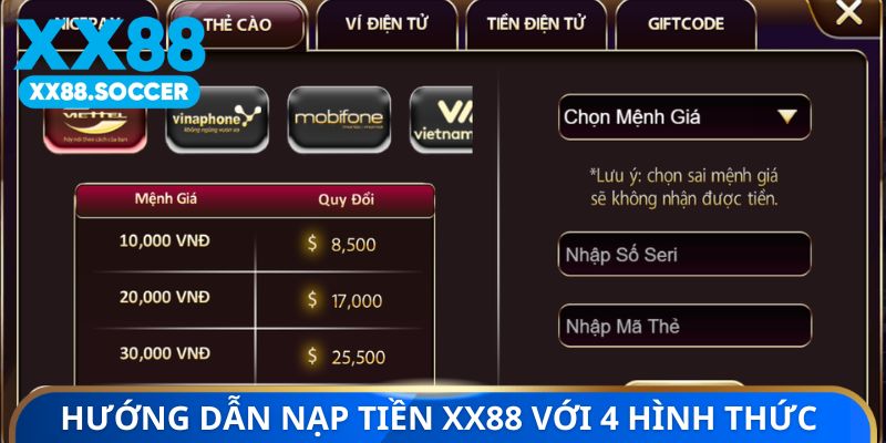 Hướng dẫn nạp tiền XX88 với 4 hình thức